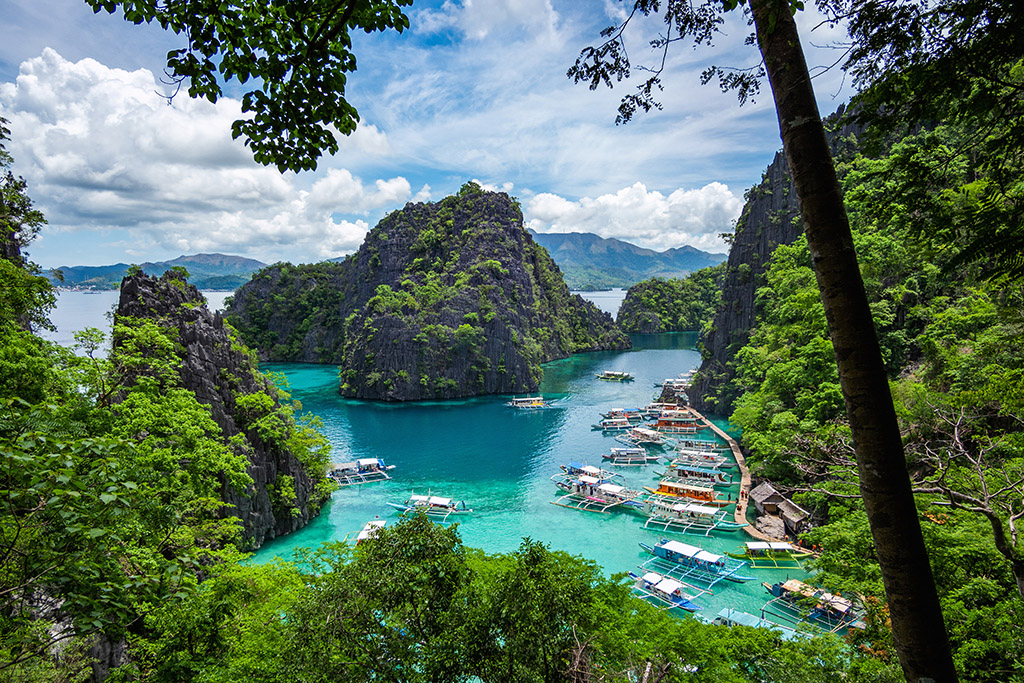 A beautiful sight meet the eye when you see a turquoise lagoon with steep limestone cliffs and greenery in Coron, Philippines.